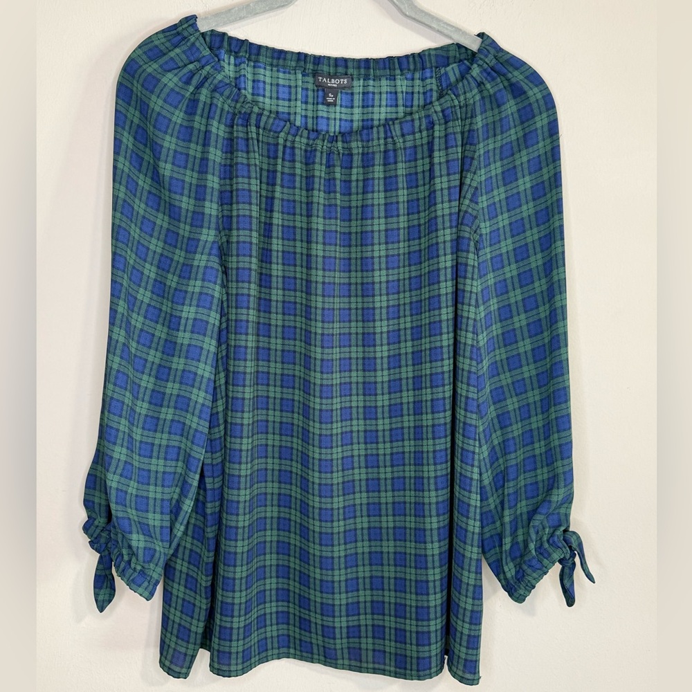 Talbots green navy plaid long sleeve blouse sheer with ties at wrist